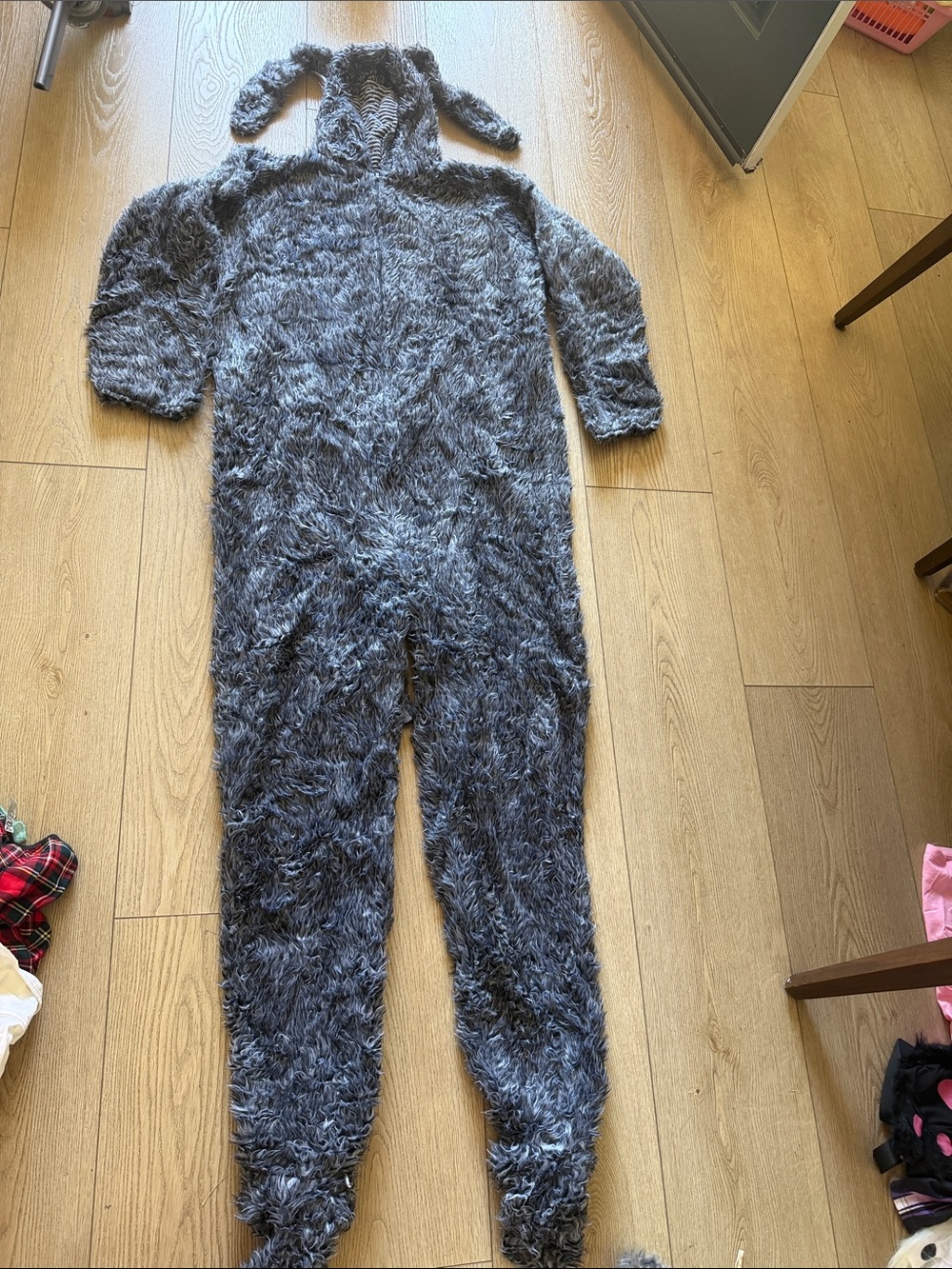 Large Grey Fuzzy Hooded men’s One-Piece Footie dog costume
